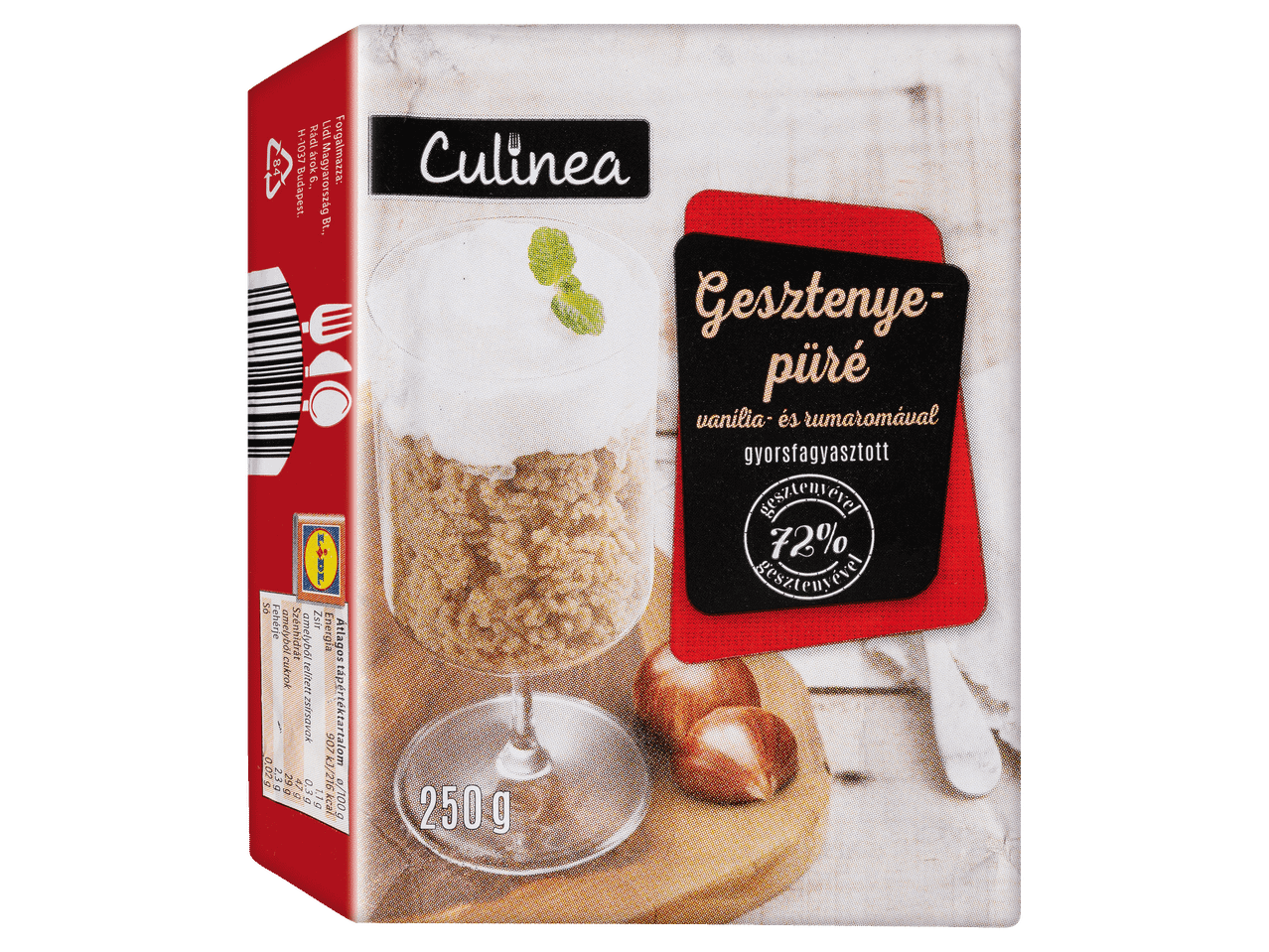 Gyorsfagyasztott gesztenyepüré vanília- és rumaromával, 250 g-os kiszerelésben.