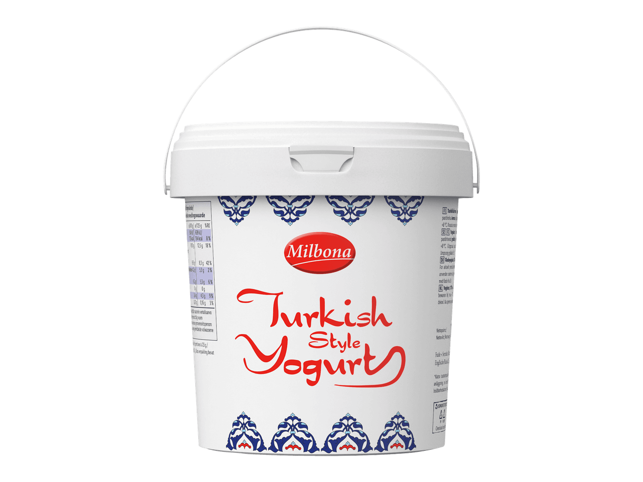 Valkoinen turkkilaistyylinen jogurttipurkki, jossa on punainen teksti ja sinisiä kuvioita.