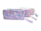 Three pastel quilted zipper pouches with heart and ice cream cone patterns.