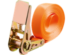 Orange ratchet strap with a metal buckle, part of the ULTIMATE SPEED® Ratchet Strap/Bungee Cord Set.