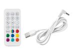 White remote control with USB cable and various buttons for setting time, temperature, and color.