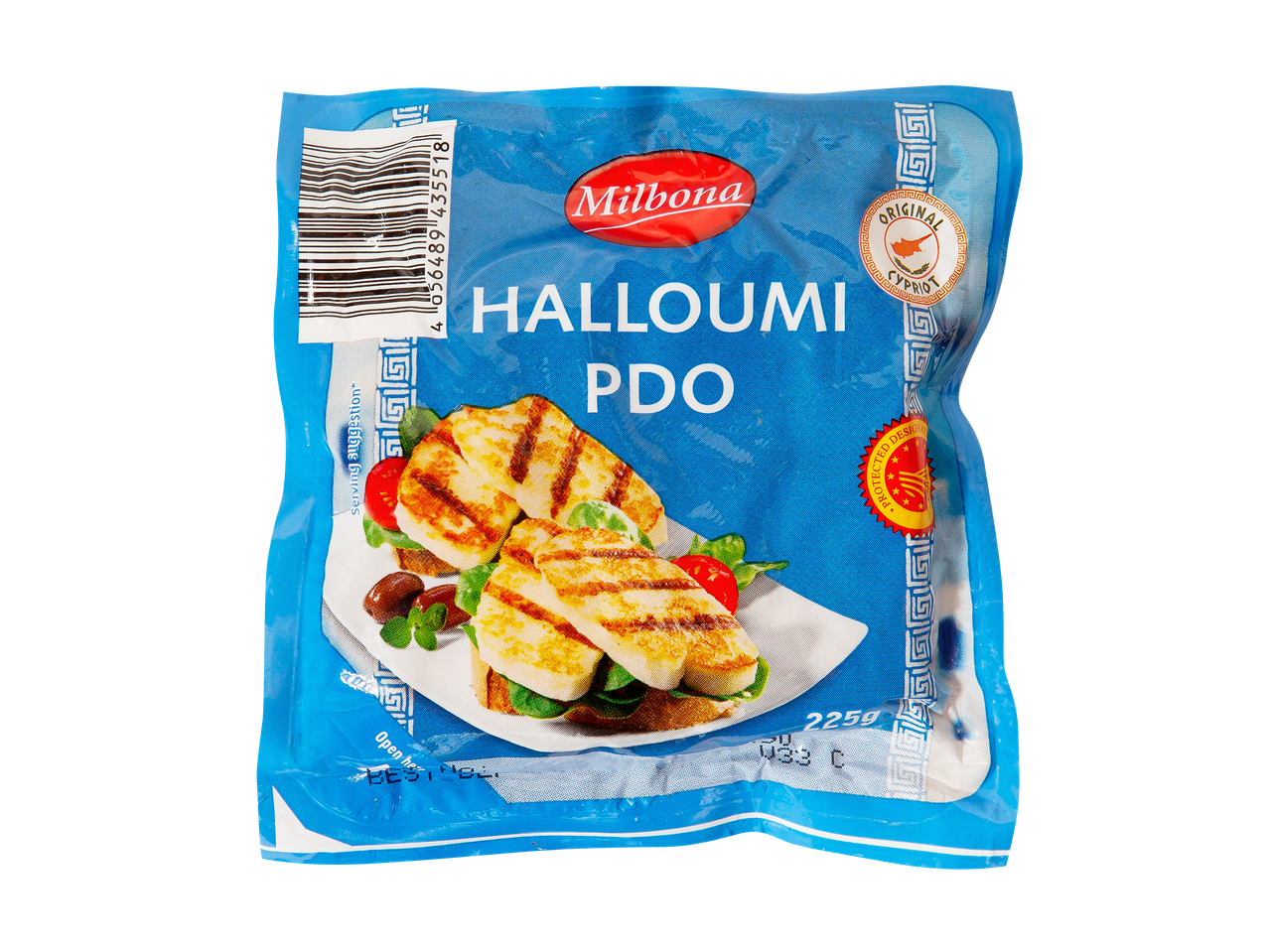 Halloumi-juustopaketti, jossa on grillattua halloumia leivän päällä.