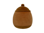 Brown plush cushion in the shape of an acorn.