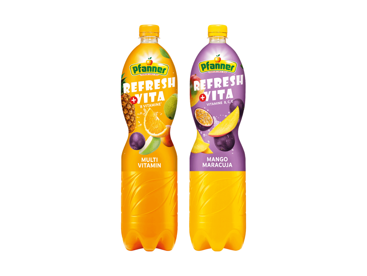 Zwei Flaschen Pfanner Refresh Vita Getränke: Multivitamin und Mango Maracuja.