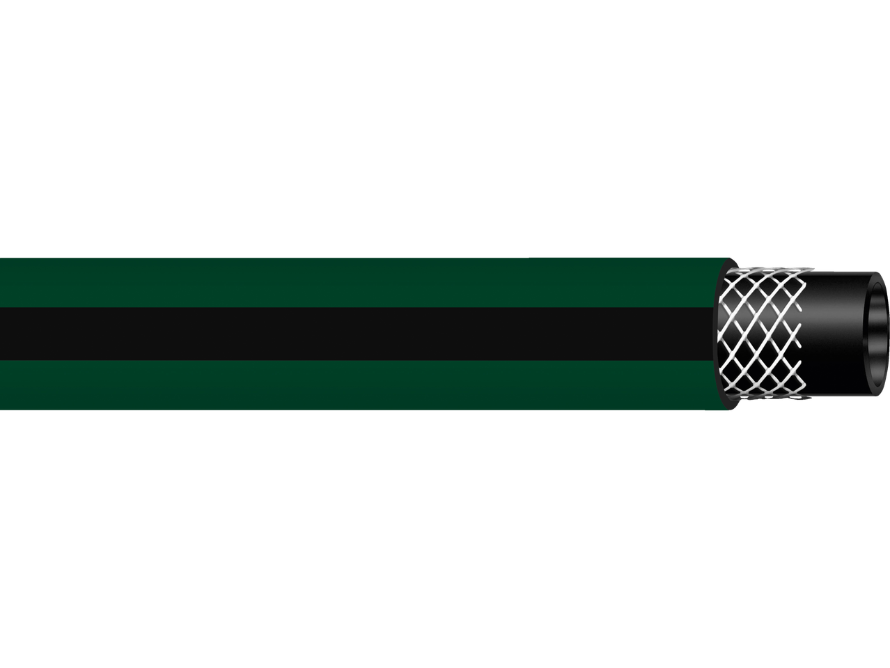A green garden hose with a black stripe is shown.