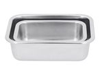 Two rectangular stainless steel food containers, one nested inside the other.