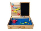 Wooden sand and water play table with chalkboard, water run, watering can, and sand tools