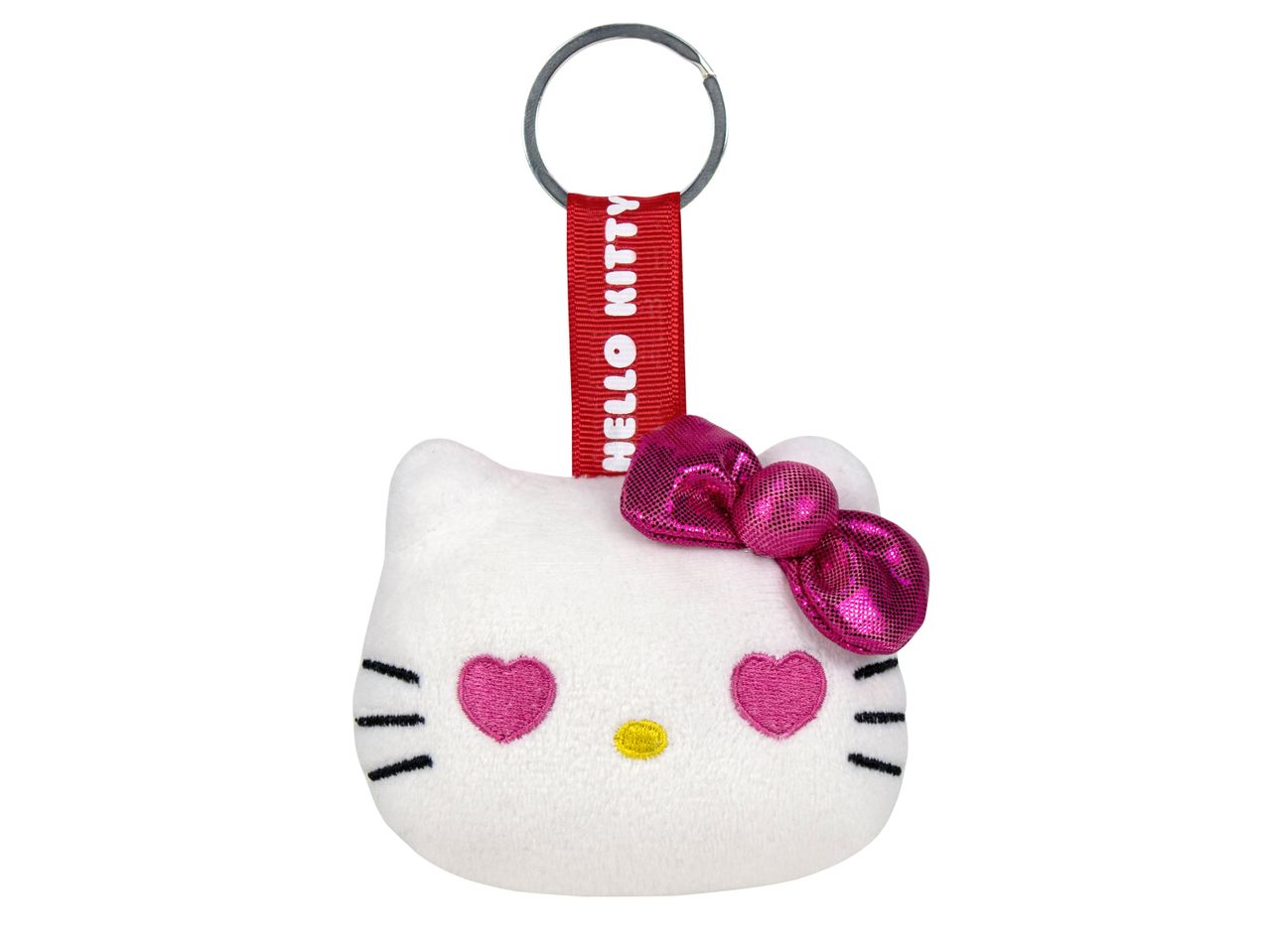 Portachiavi di Hello Kitty con fiocco rosa lucido e cuori ricamati.