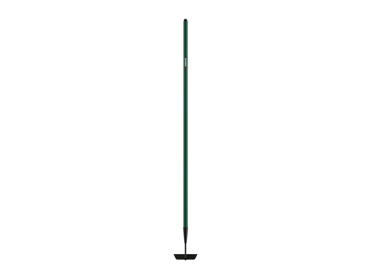 A long-handled garden hoe with a dark green handle and a black blade.