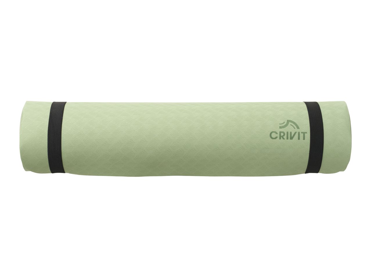 Rolled-up light green yoga mat with a textured surface and black elastic straps.