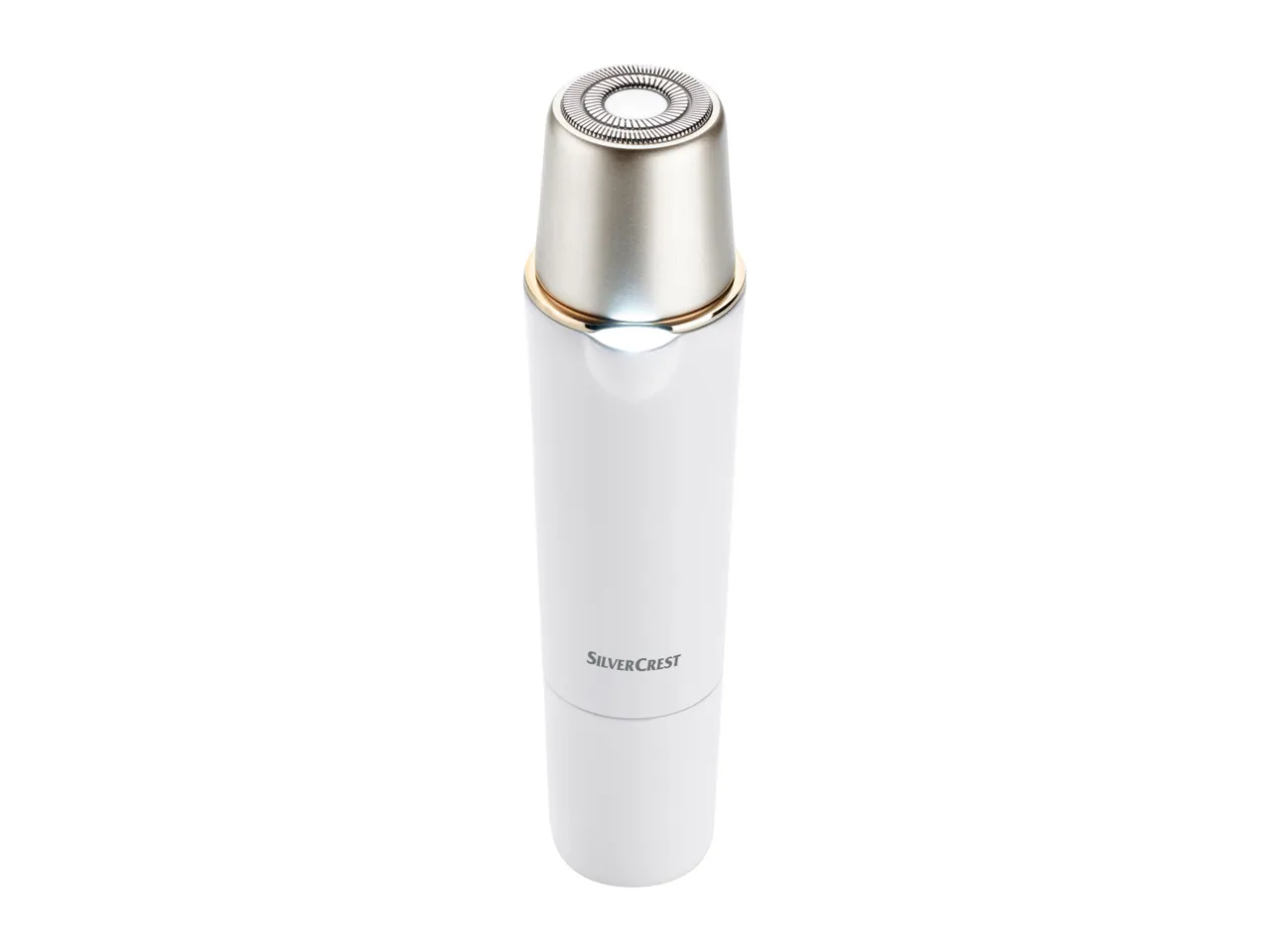 A sleek, white and silver electric eyebrow trimmer.