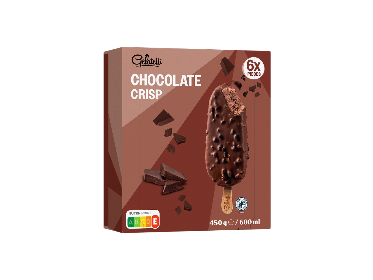 Caixa de gelado crocante de chocolate com 6 unidades, Nutri-Score A, 450g/600ml.