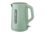 Light green electric kettle with a water level indicator and a silver button on the handle.