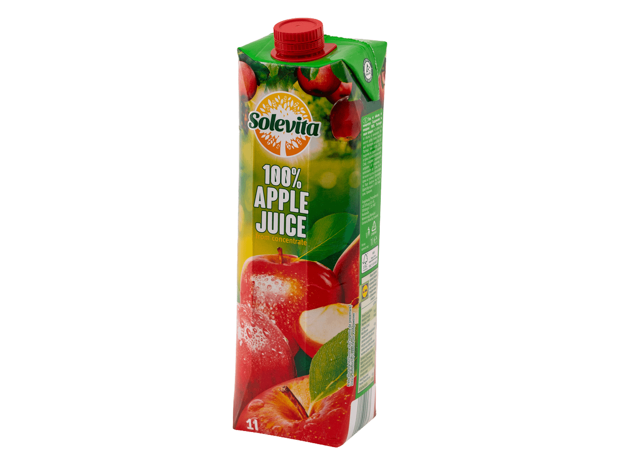 Pakovanje 100% soka od jabuke sa crvenim jabukama i zelenim listovima.
