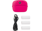 Pink instant camera with a USB cable and three rolls of paper.