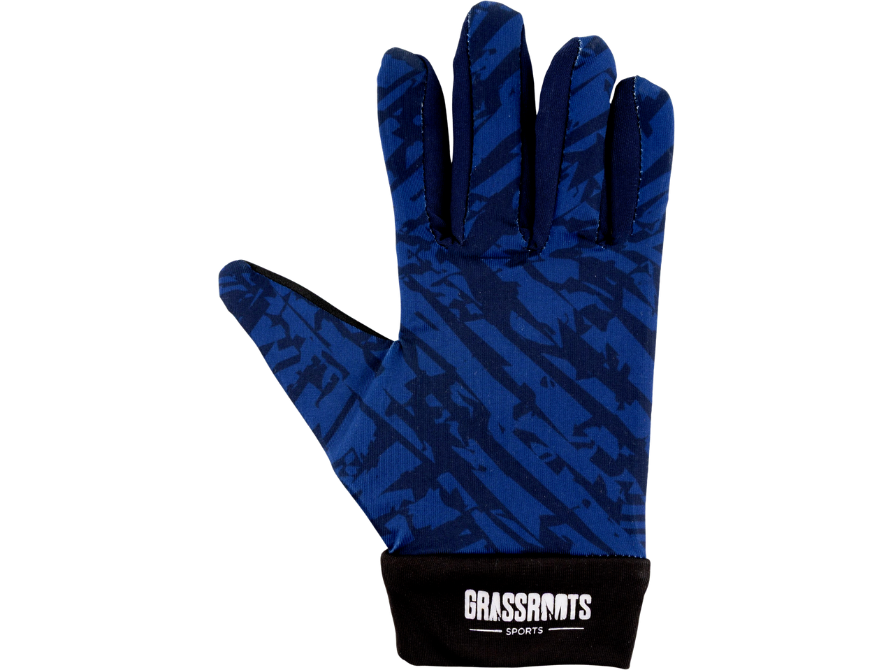 Blue kids' football glove with a dark blue abstract pattern and 'GRASSROOTS SPORTS' logo.