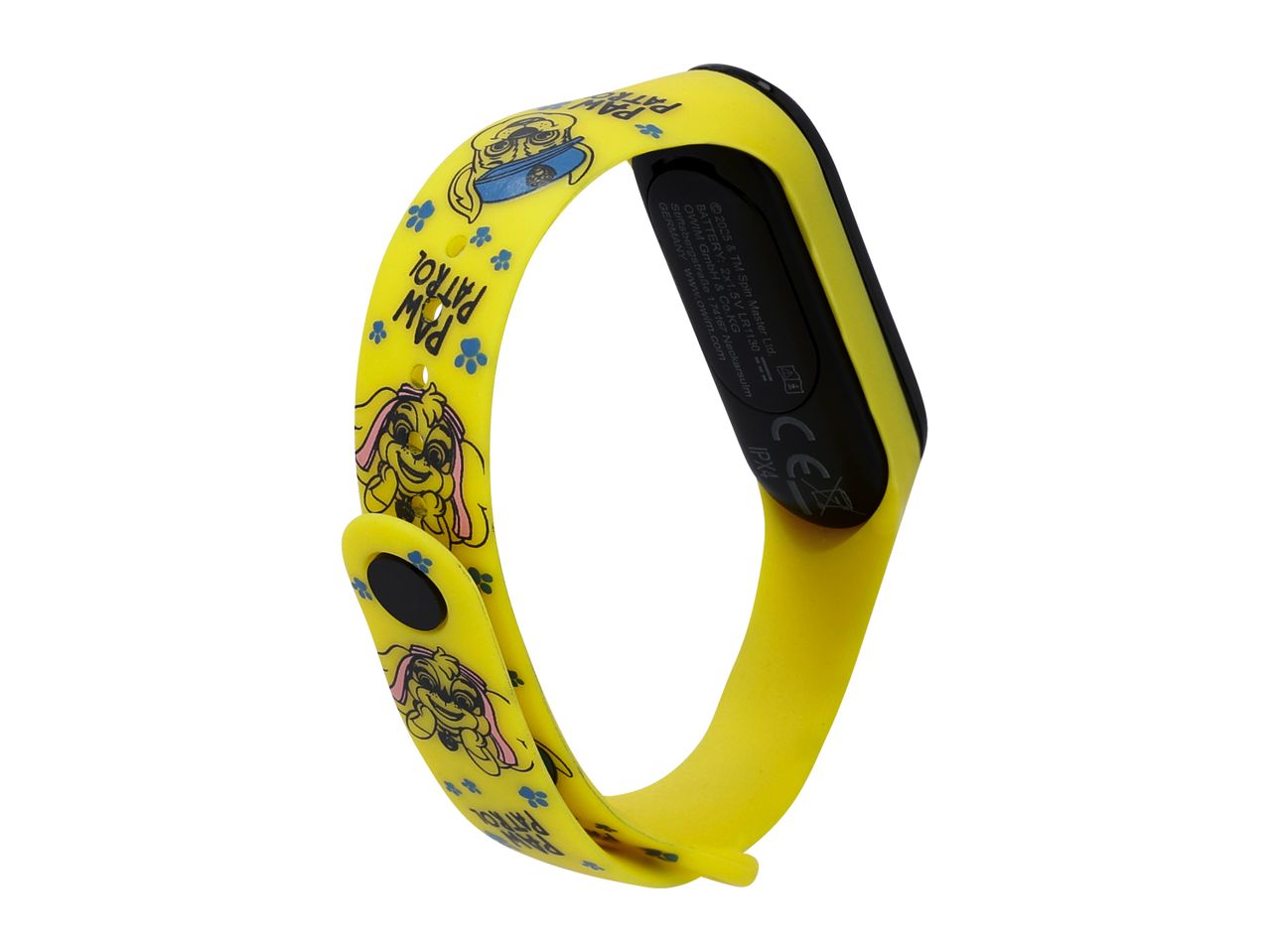 Yellow Paw Patrol-themed fitness tracker band.