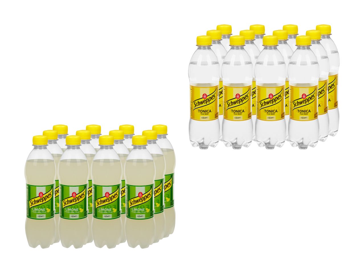 Zwei Packungen Limonadenflaschen, möglicherweise Schweppes.