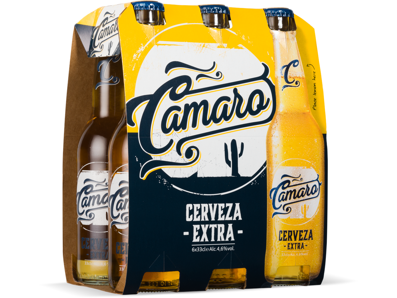 Zespack Camaro Extra Cerveza bierflesjes in een geel-zwarte doos.