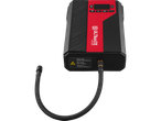 Compressor de ar portátil preto e vermelho com mangueira e display digital.
