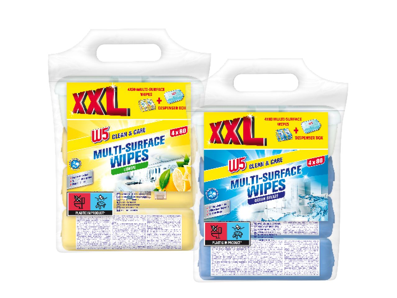 Two XXL packs of W5 Clean & Care multi-surface wipes, one lemon-scented and one ocean breeze.