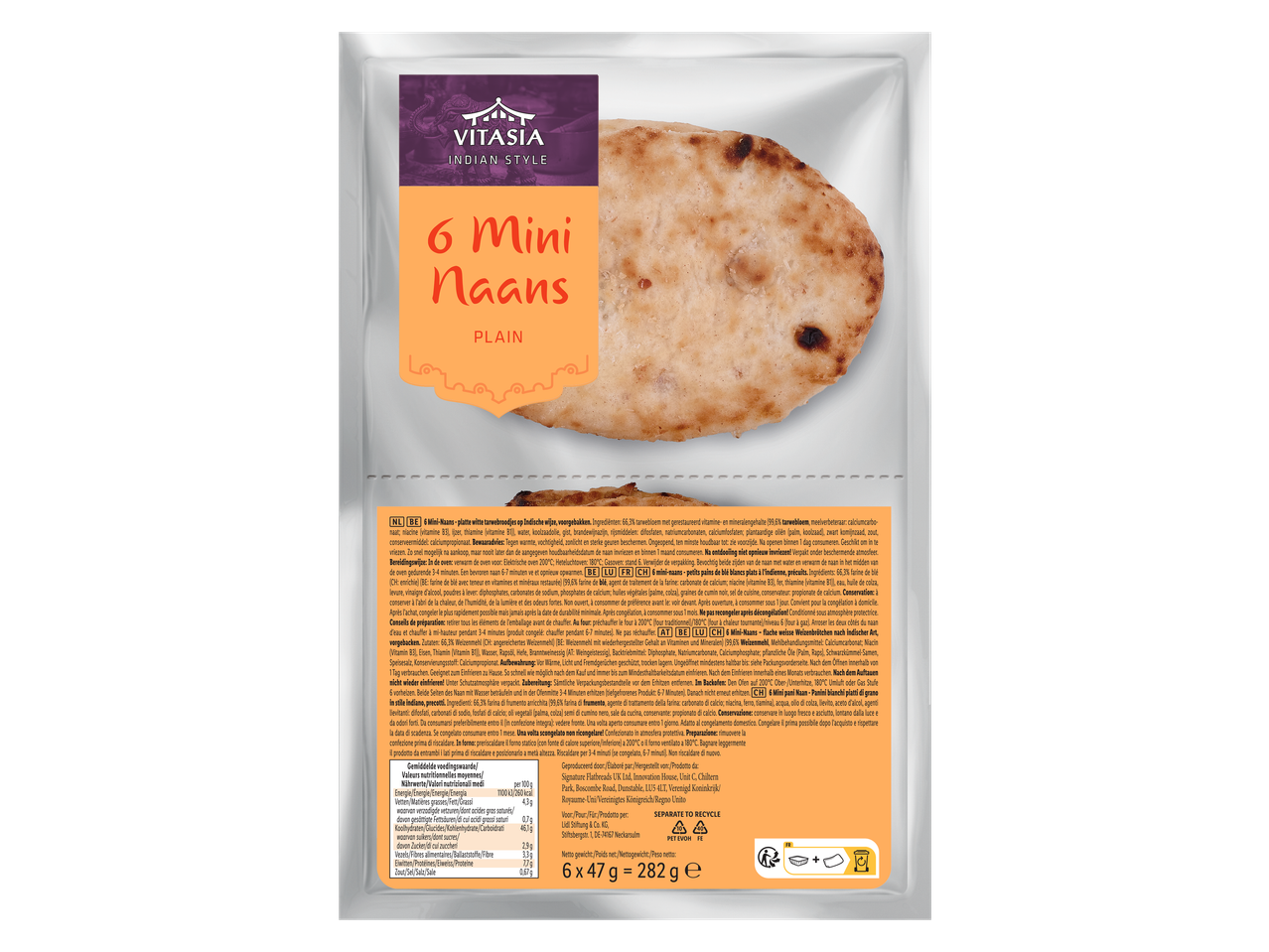Vitasia Indian Style 6 Mini Naans, naturel, in verpakking.