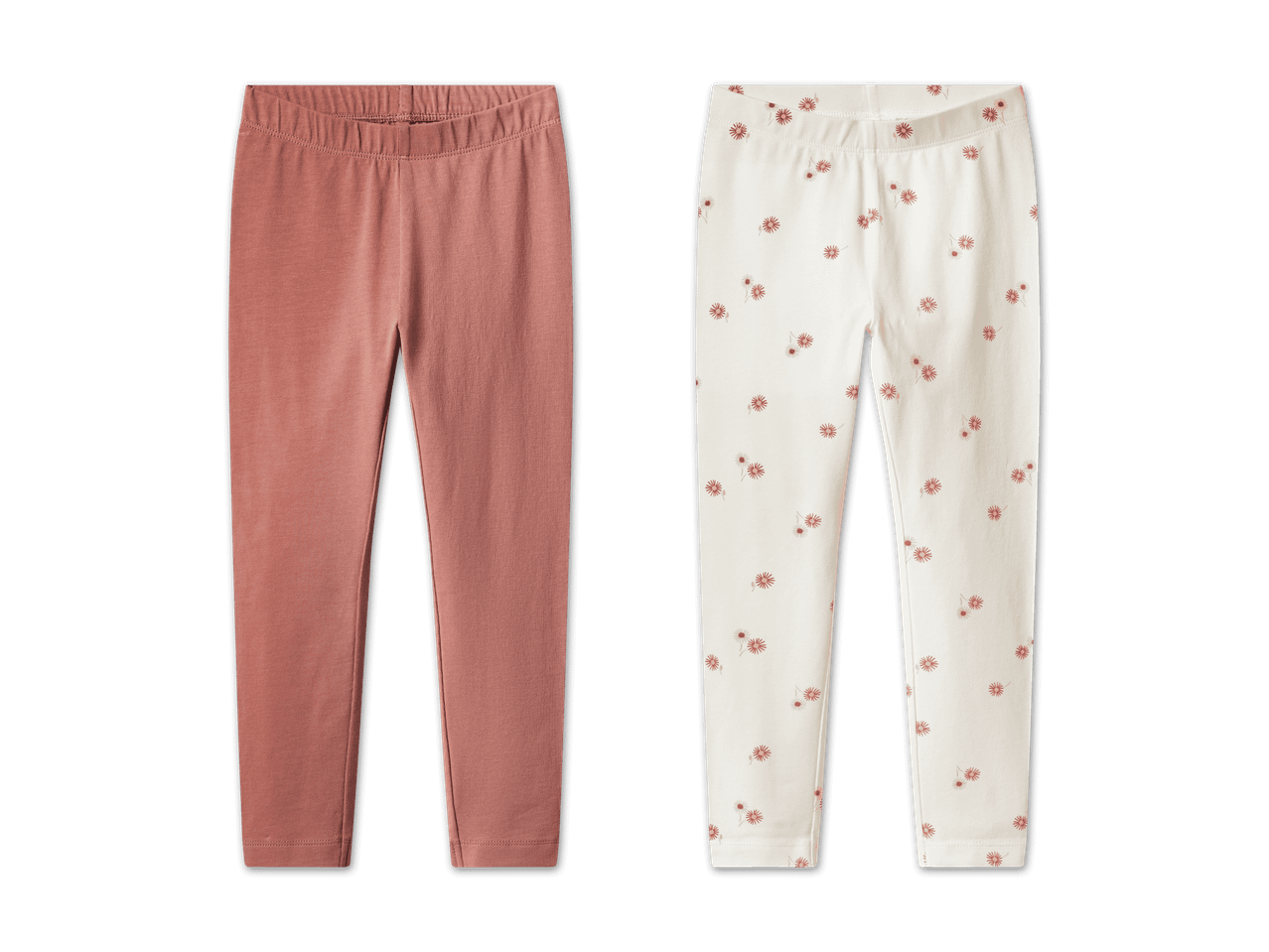 Zwei Leggings: eine rosafarbene und eine cremefarbene mit Blumenmuster.