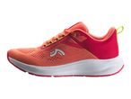 A single orange and red running shoe with a white sole and neon yellow accents.