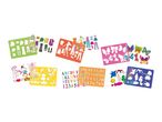 Colorful stencil sets featuring various animal and object shapes for kids' crafts.