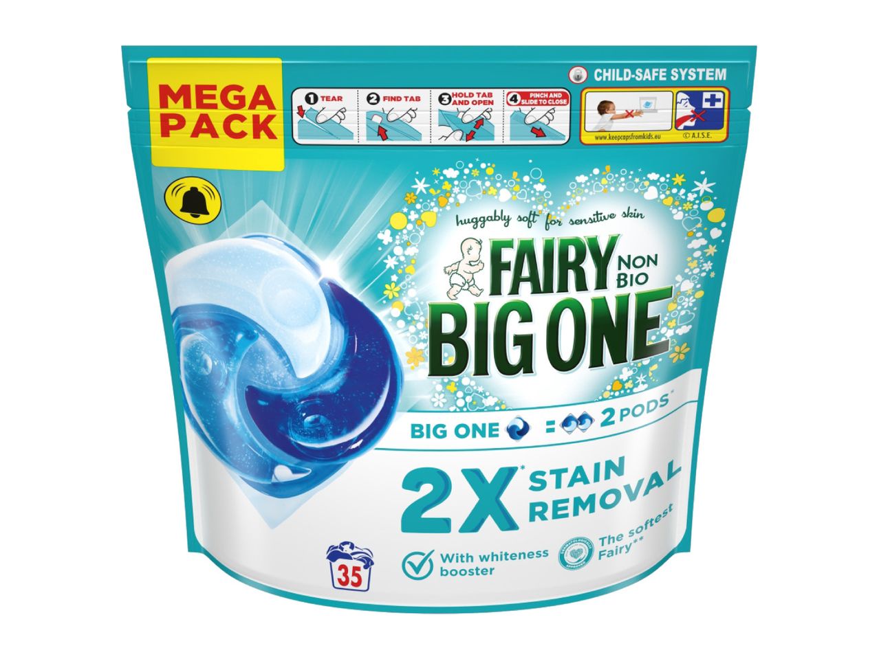 Fairy Non Bio Big One laundry pods, 35 count, with child-safe system and stain removal.
