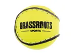 Yellow tennis ball with black stitching and text 