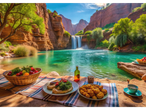 Pikniks ar ēdienu un dzērieniem pie tirkīza ezera ar ūdenskritumu un klintīm.