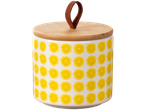 Ceramic jar with bamboo lid and leather handle, lemon design.