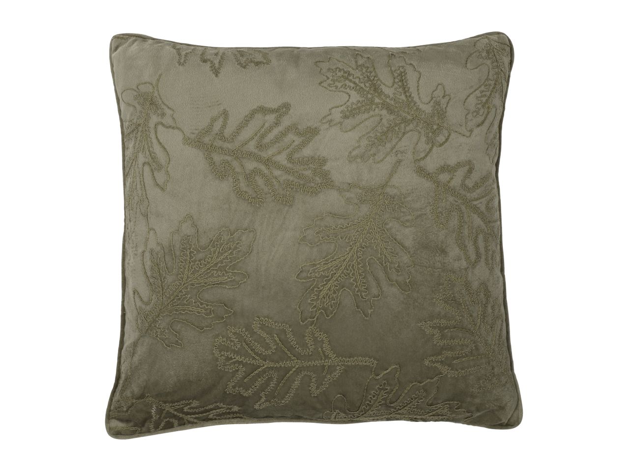Green decorative cushion with embroidered leaf patterns