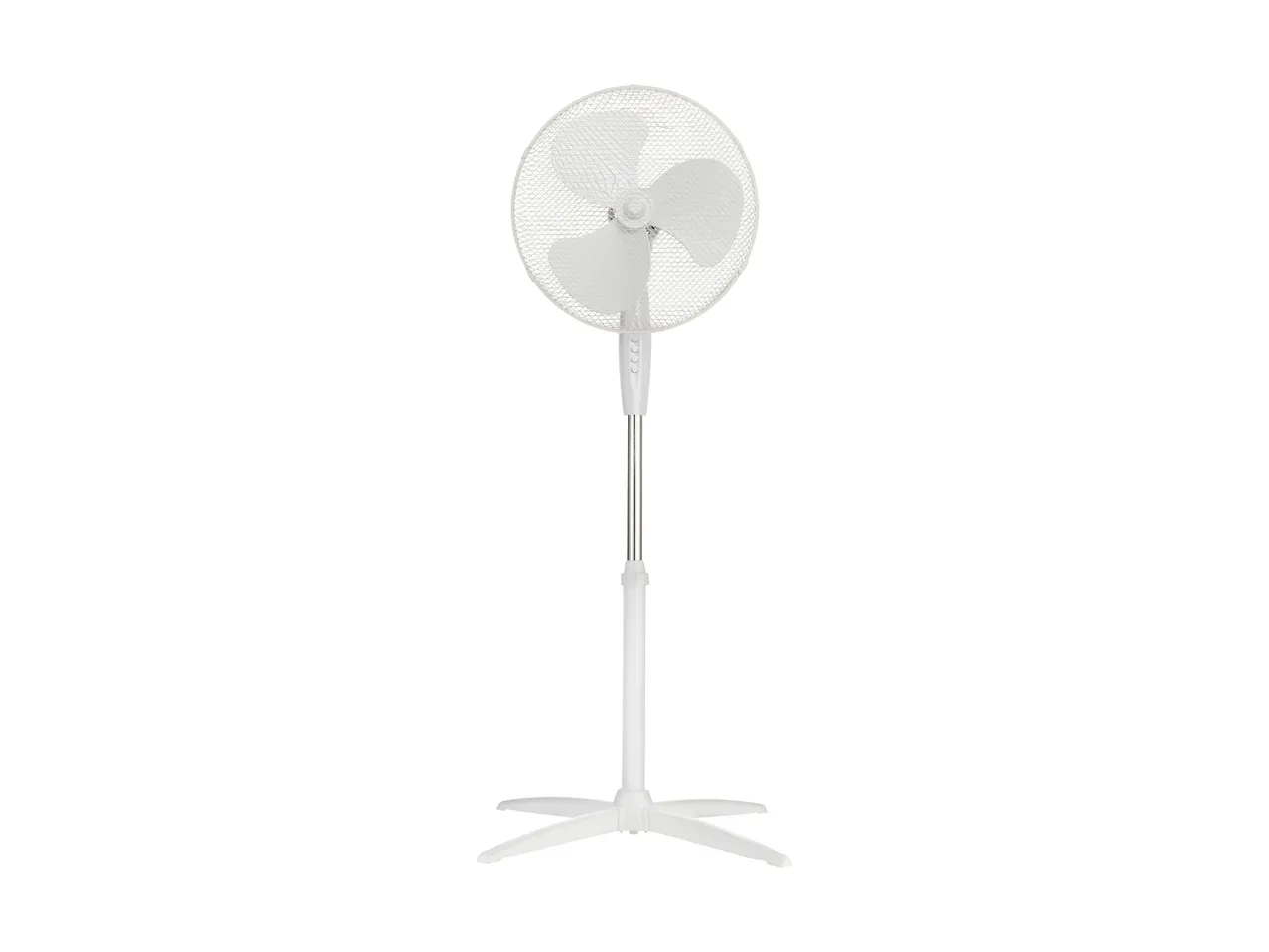 A silver pedestal fan with a circular blade guard.
