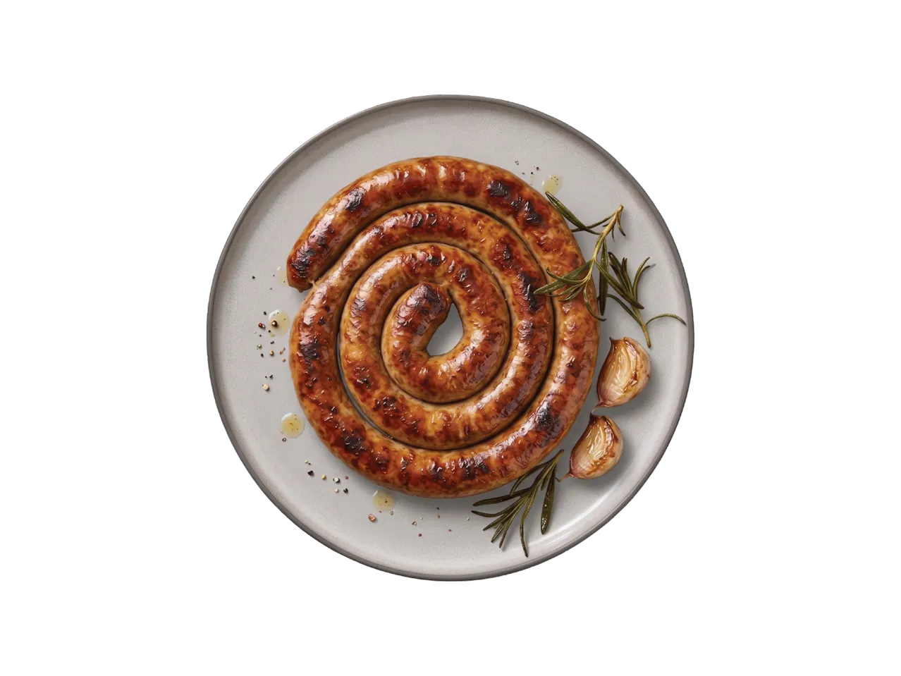 Praetud spiraalikujuline vorst rosmariini ja küüslauguga taldrikul.