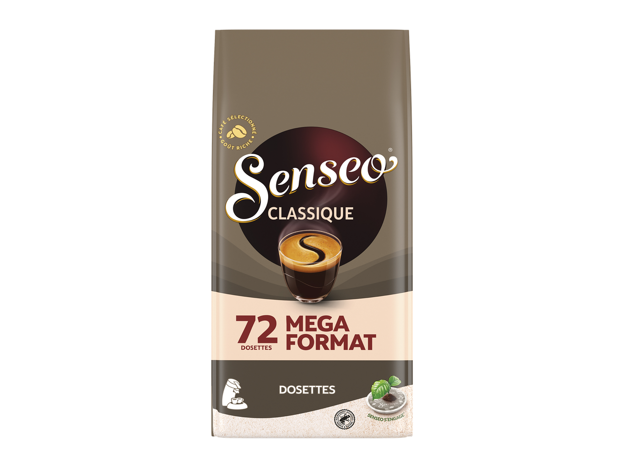 Paquet de dosettes de café classique, format méga de 72 dosettes.
