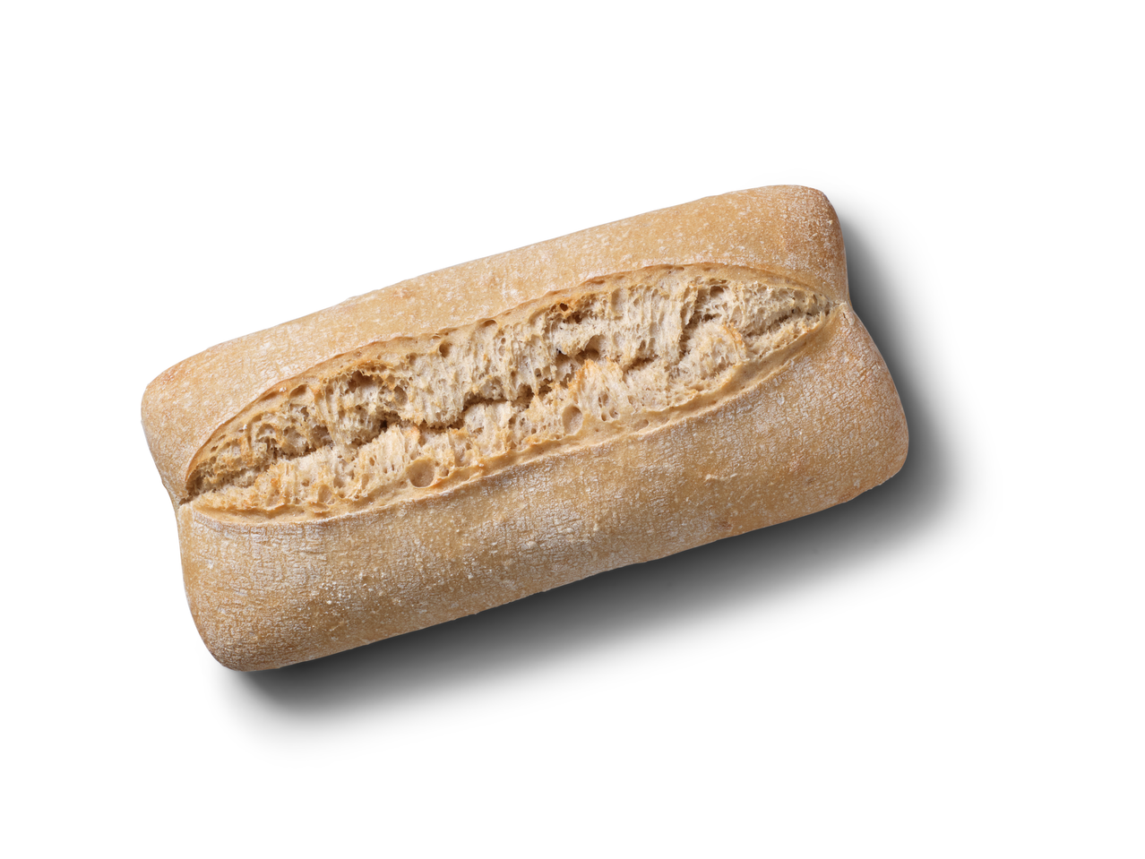 Viena zeltaini brūna ciabatta maize ar redzamu gaisīgu tekstūru, kas met ēnu.