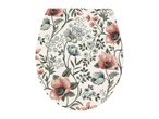 Toilet seat with a floral pattern featuring pink and blue flowers and green leaves.