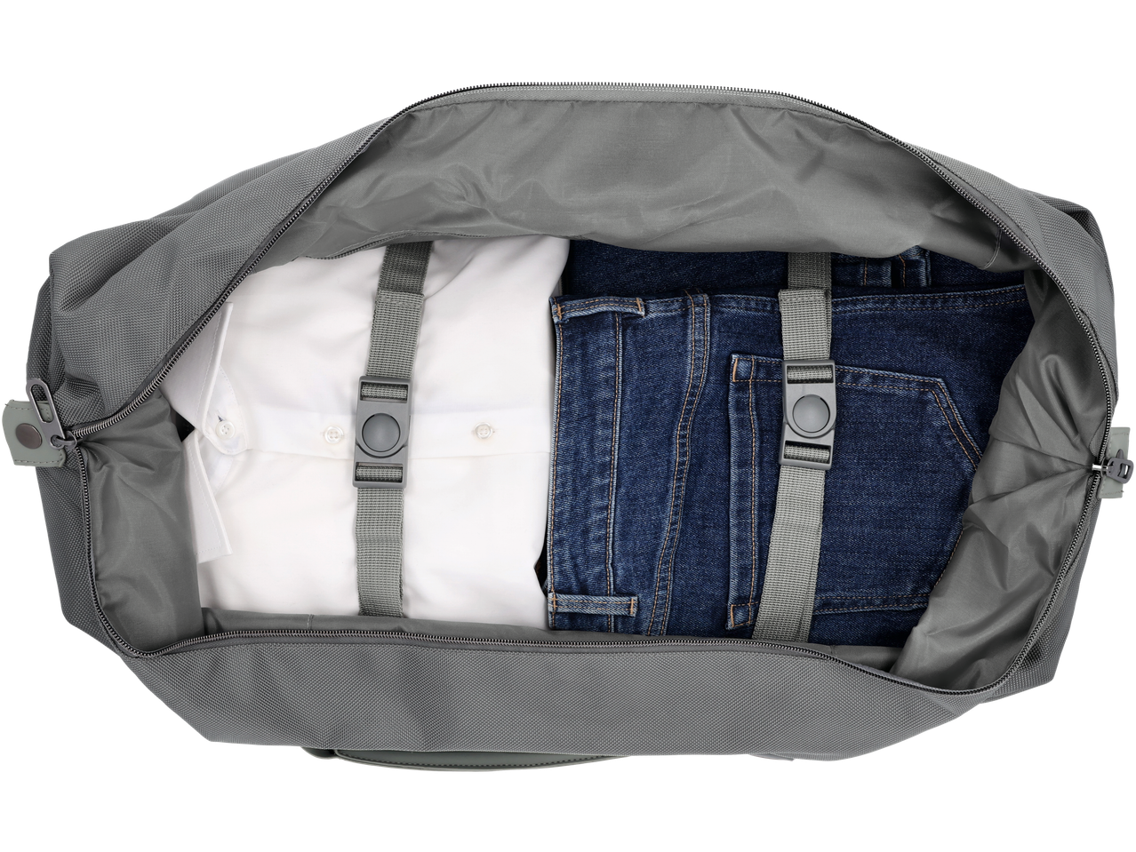 ESMARA Soma putna torba otvorena sa presavijenom belom košuljom i plavim farmerkama