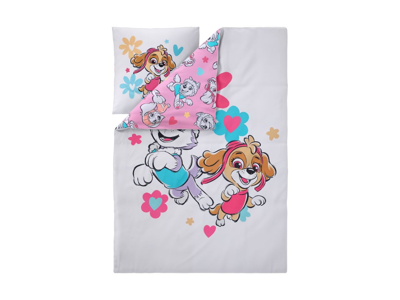Sengesæt med Skye og Everest fra Paw Patrol, hvidt med lyserøde og blå blomster.