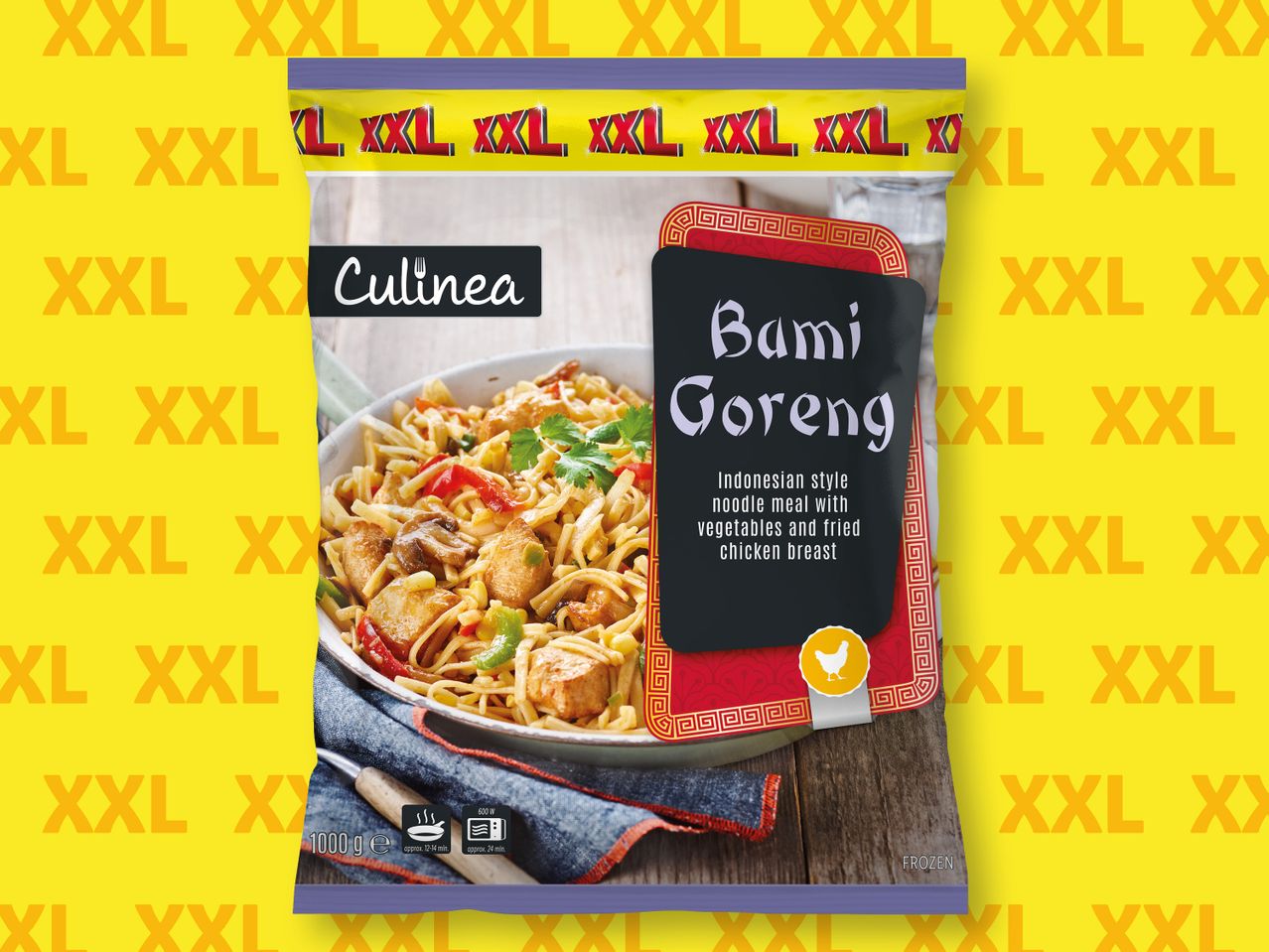 Опаковката на замразено ястие Culinea Bami Goreng показва азиатска храна с пилешко месо и зеленчуци.
