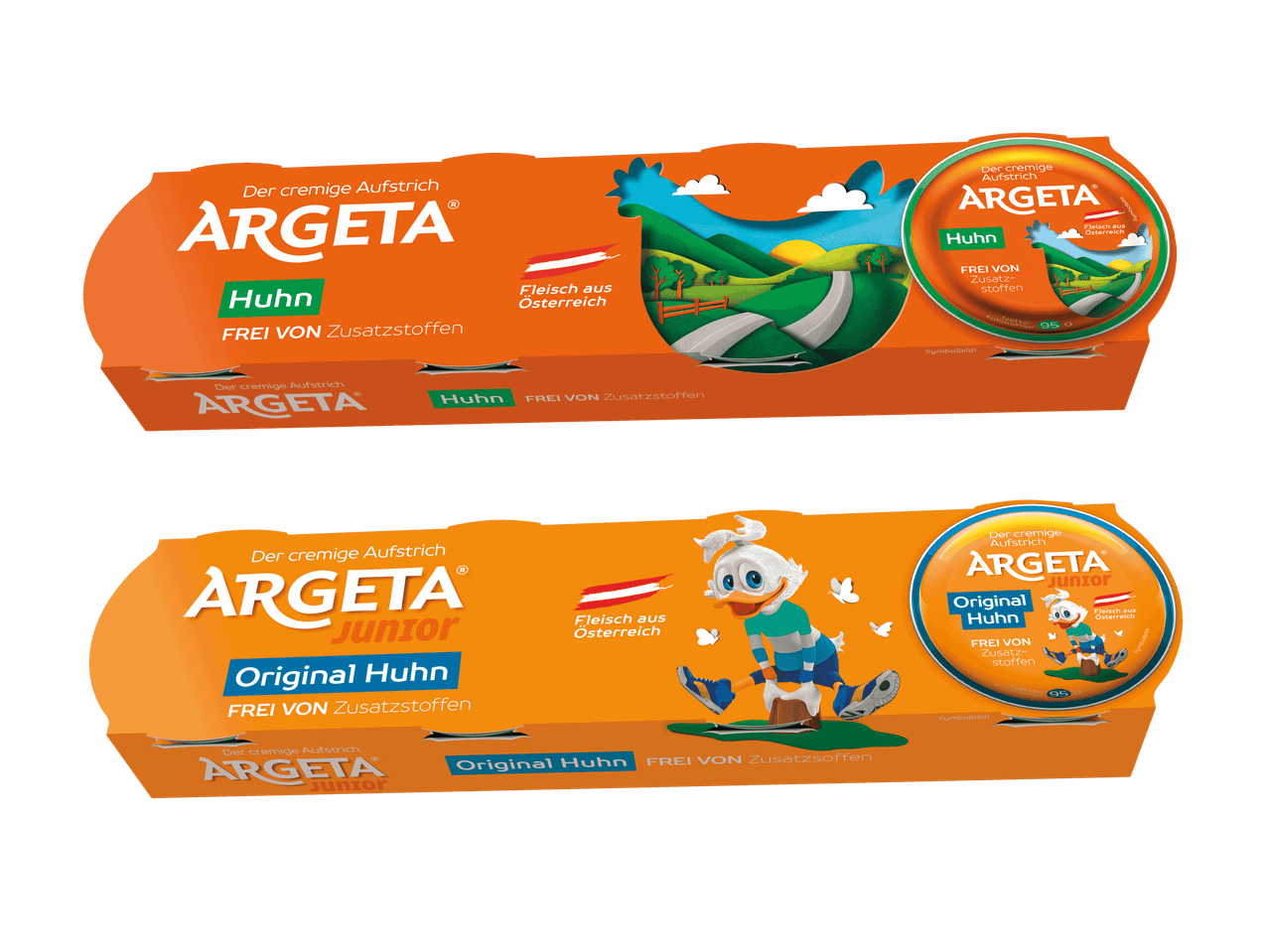Zwei Arten von Argeta Aufstrichen: Huhn und Original Huhn Junior, beide frei von Zusatzstoffen.