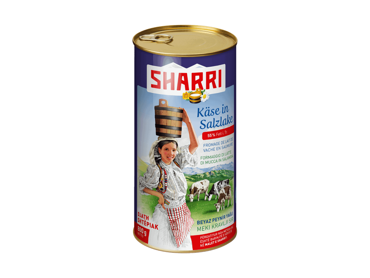 Eine Dose Käse in Salzlake der Marke Sharri, mit einer Frau und Kühen.