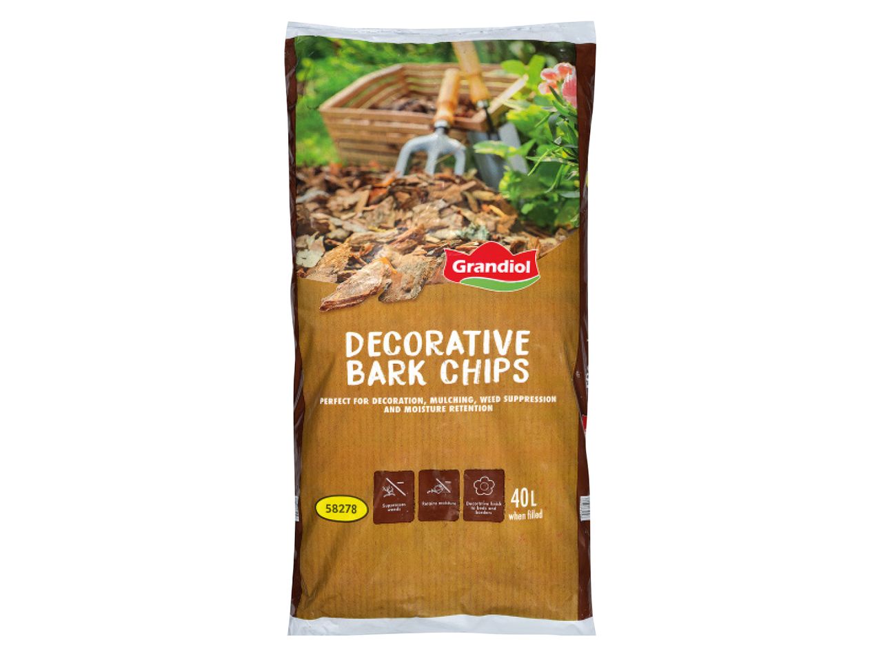 Decorative bark chips in a 40L bag, perfect for decoration, mulching, and weed suppression.