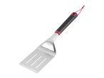 Stainless steel barbecue spatula with a black handle and red accents