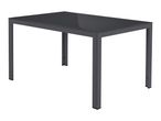 Dark grey rectangular outdoor dining table with a glass top and metal frame.