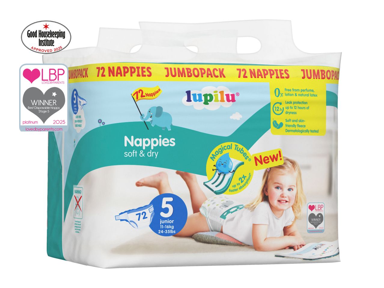 Happine baby diapers size 5, featuring a playful design.