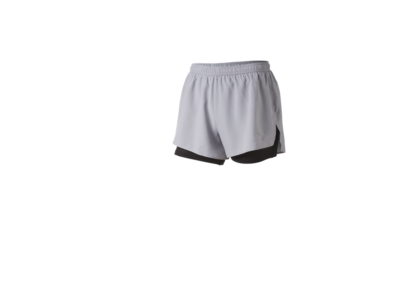 Light grey running shorts with a dark grey inner layer, featuring an elastic waistband.