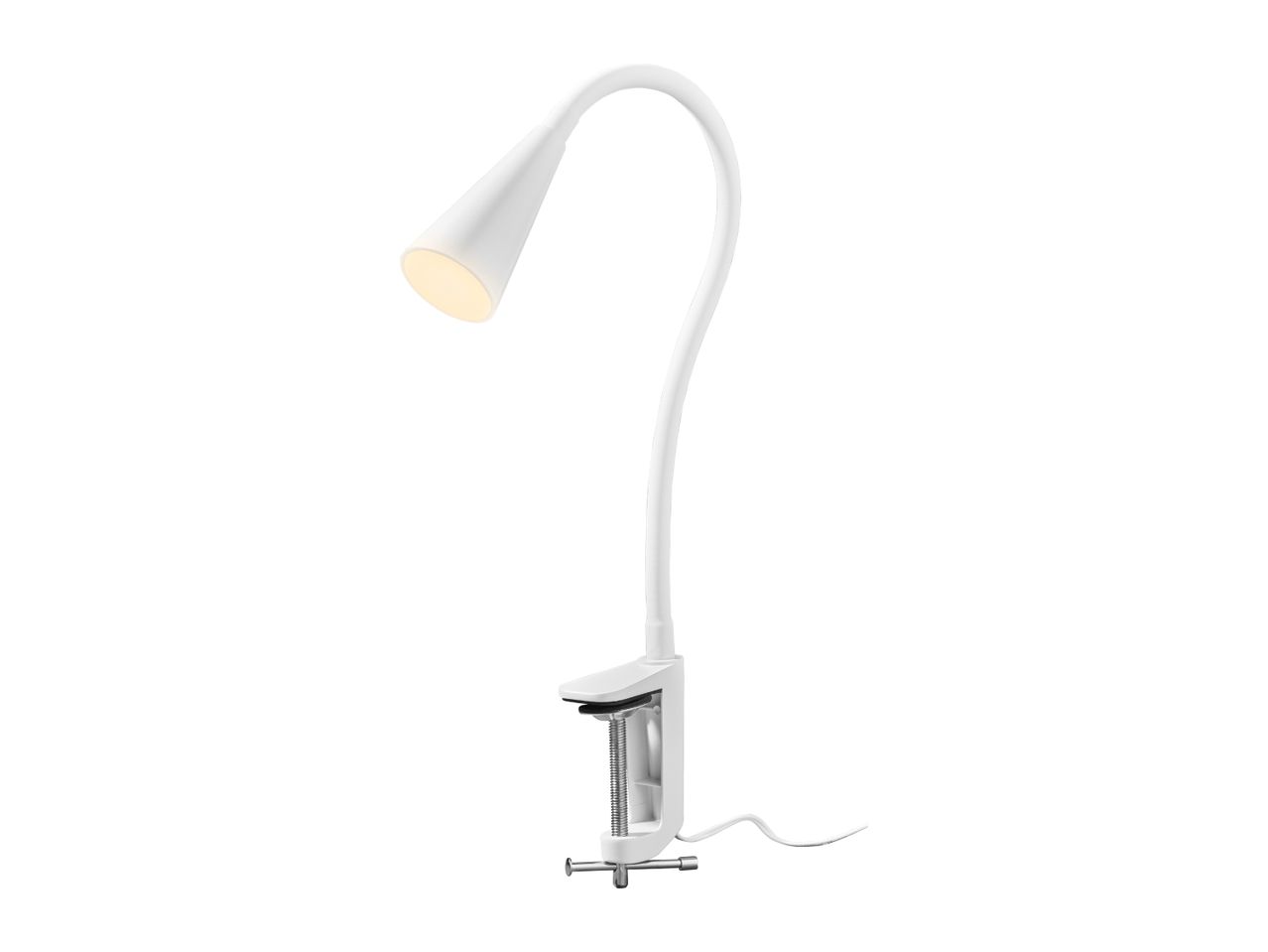 White clamp-on desk lamp with a flexible gooseneck and a warm light